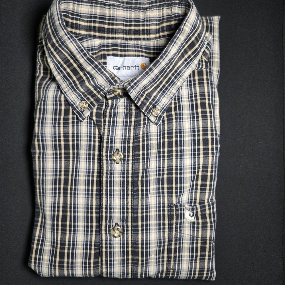 Carhartt Mens Large Tall Short Sleeve Button Shirt Plaid, Black & Yellow